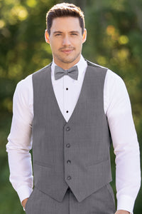 man wearing white shirt, Medium Grey Performance vest and pants with a matching bow tie