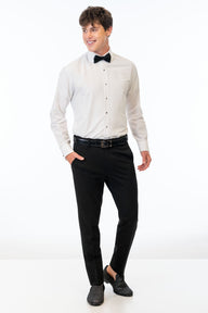 man wearing Black Euro Slim Fit pants, white shirt, and bow tie