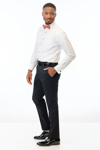 side view of man wearing Black Performance Stretch Slim Fit pants, white shirt, and sedona bow tie