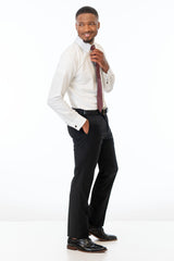 side view of man wearing Black Stretch Slim Fit pants, white shirt, and rosewood striped tie