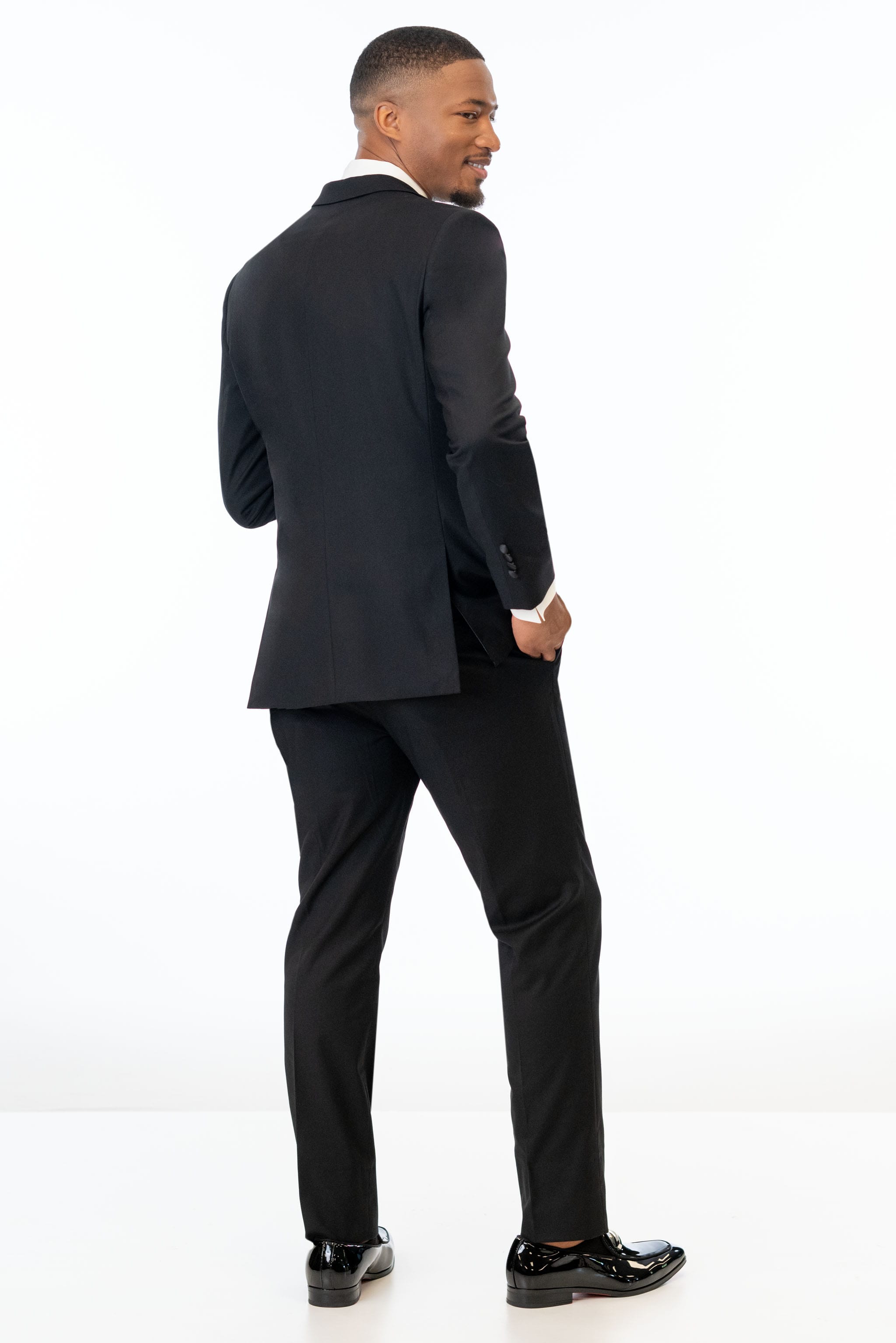 back view of man wearing Black Stretch Slim Fit Tuxedo