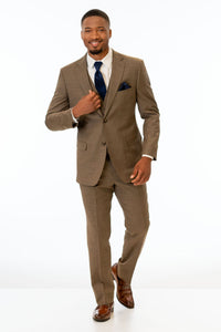 man wearing Brown Archer Slim Fit Suit with white shirt and navy blue tie