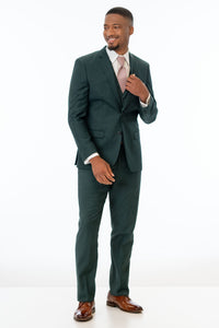 man wearing Dark Green Stretch Slim Fit Suit with white shirt and pink tie