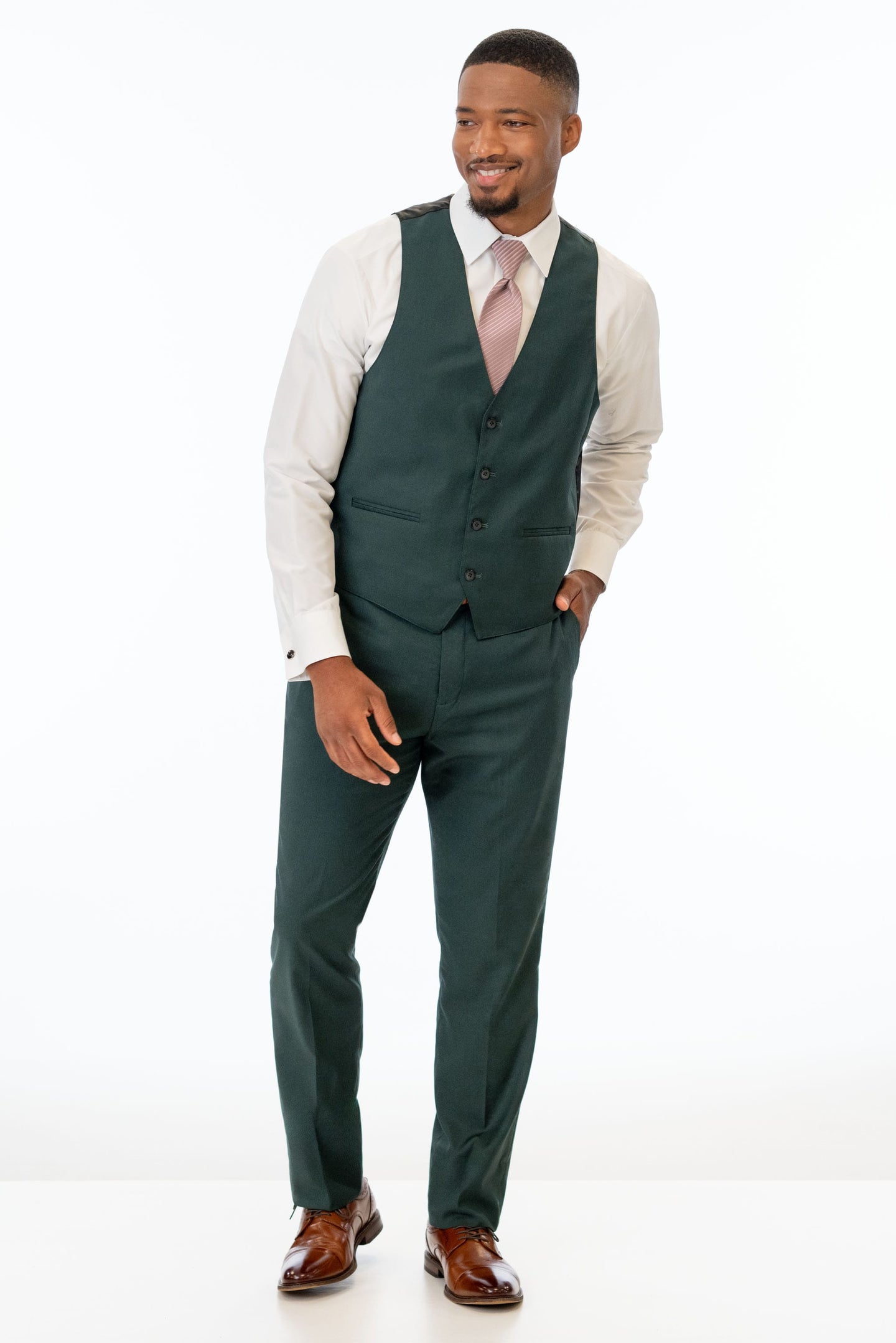man wearing Dark Green Stretch Slim Fit Suit pants and vest