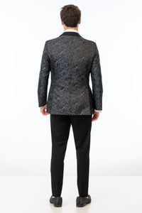 back view of man wearing Granite Paisley Slim Fit Tuxedo Coat with black pants 