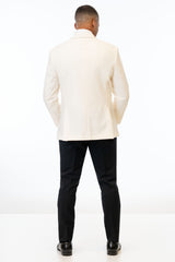 back view of man wearing Classic Ivory Dinner Jacket with black pants 