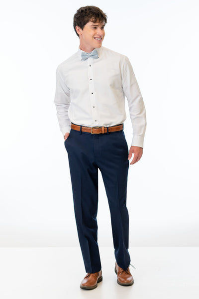 navy pants white shirt tie