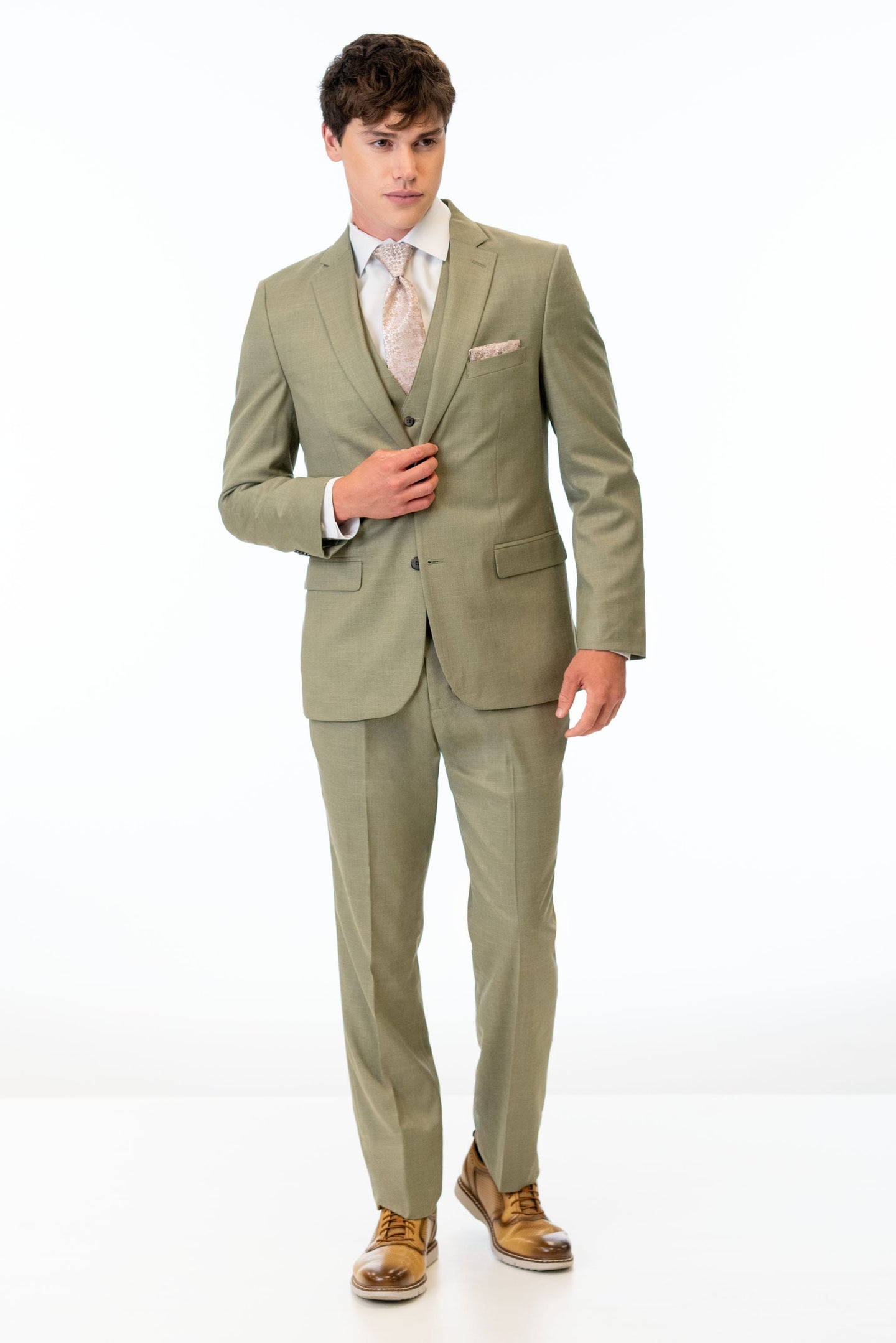man wearing Sage Green Stretch Slim Fit Suit with white shirt and pink tie