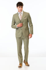 man wearing Sage Green Stretch Slim Fit Suit with white shirt and pink tie