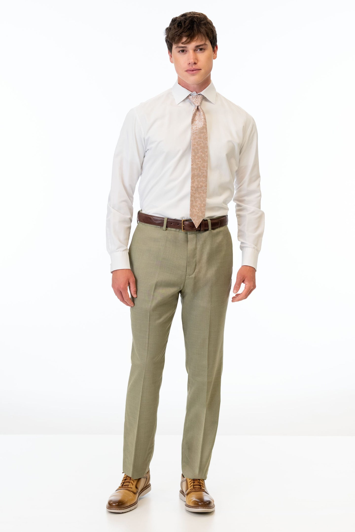 man wearing Sage Green Stretch Slim Fit Suit pants, white shirt, and pink tie