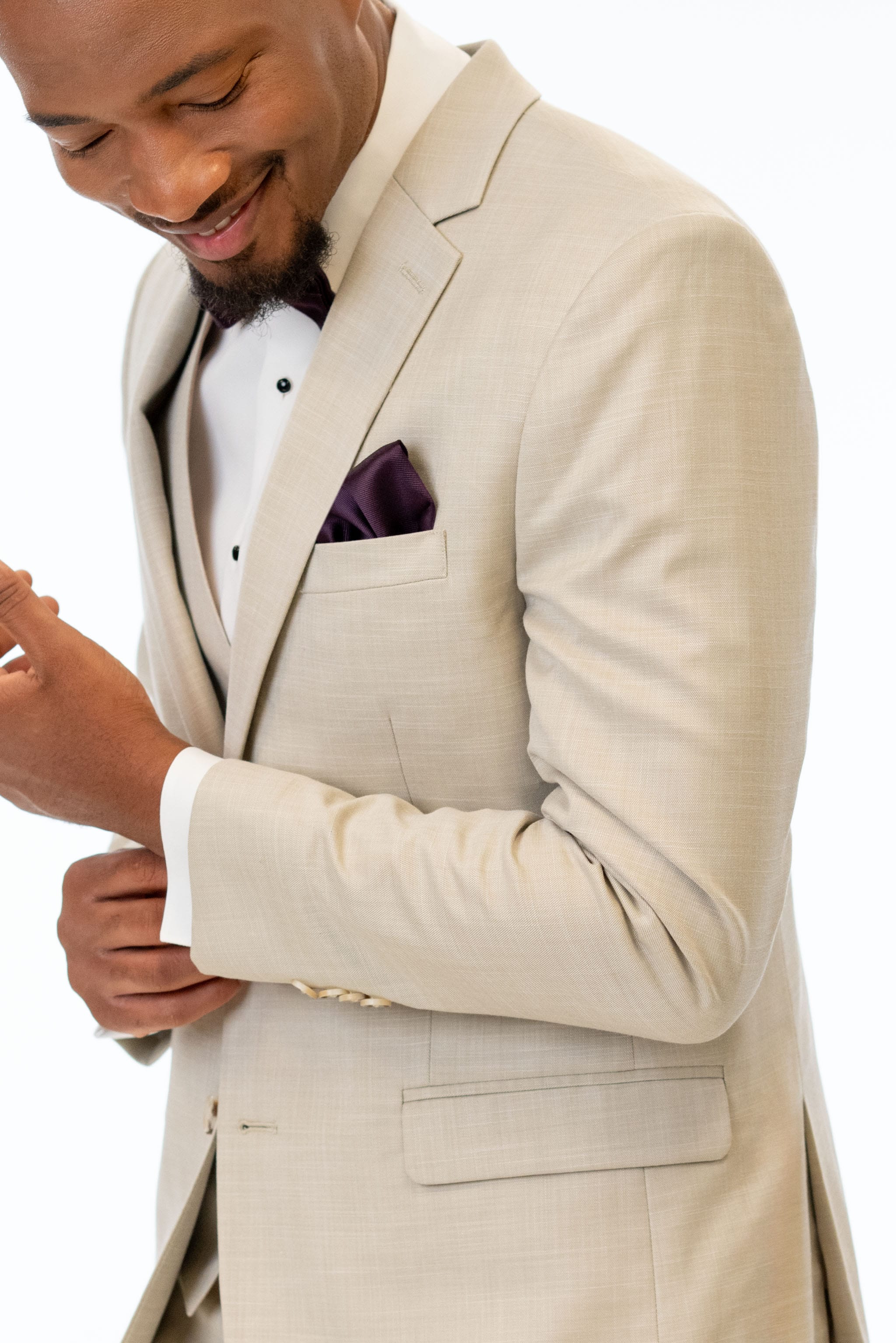 close up details of Tan Stretch Slim Fit Suit