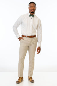 man wearing Tan Performance Stretch Slim Fit Suit pants, white shirt, and bow tie