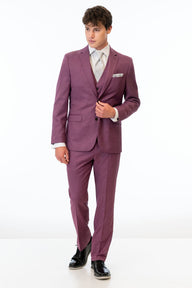 man wearing Violet Stretch Slim Fit Suit with white shirt and floral silver tie
