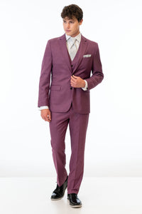 man wearing Violet Stretch Slim Fit Suit with white shirt and floral silver tie
