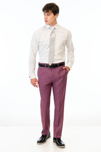 man wearing Violet Stretch Slim Fit Suit pants, white shirt, and silver tie