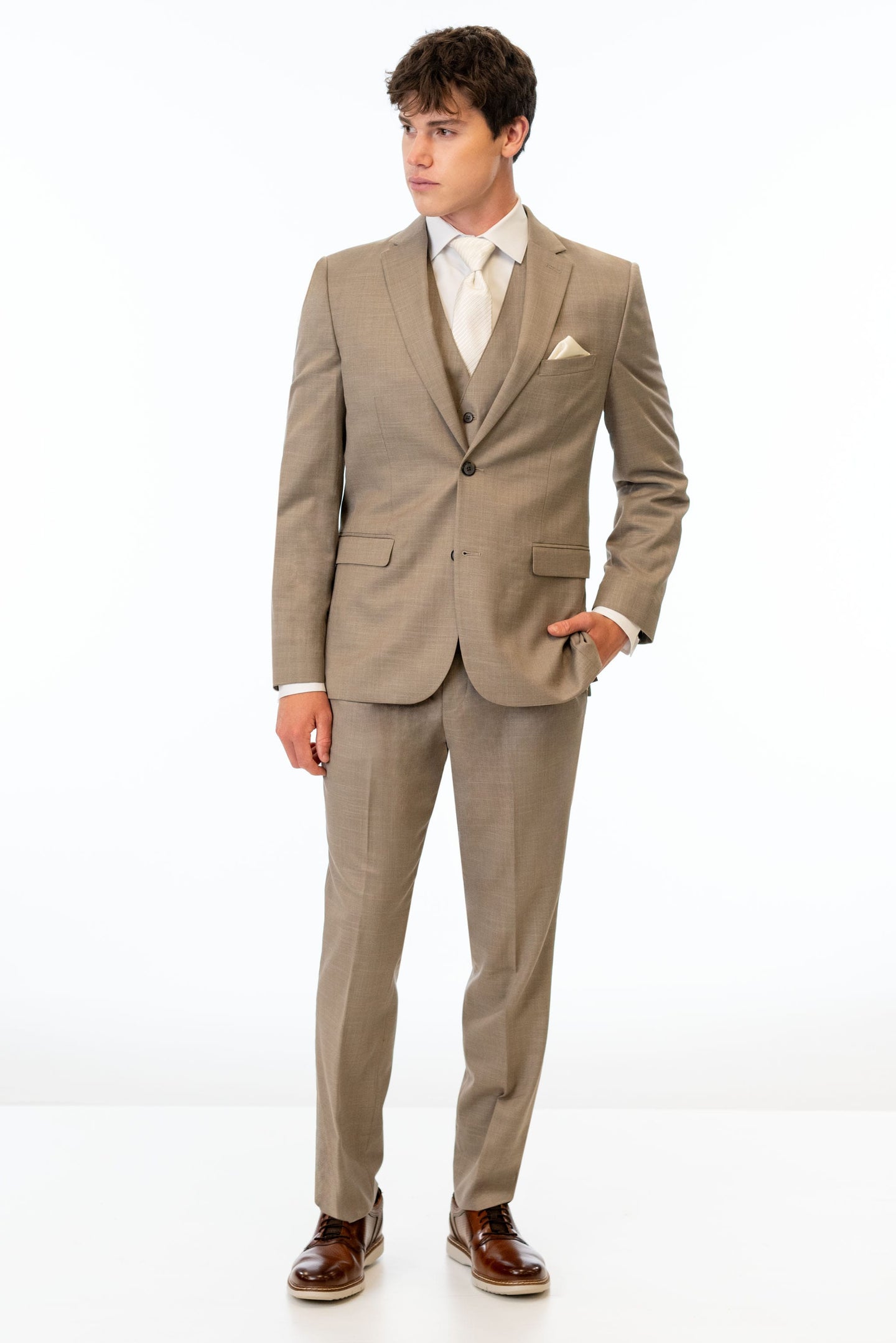 man wearing Wheat Stretch Slim Fit Suit with white shirt and floral ivory tie