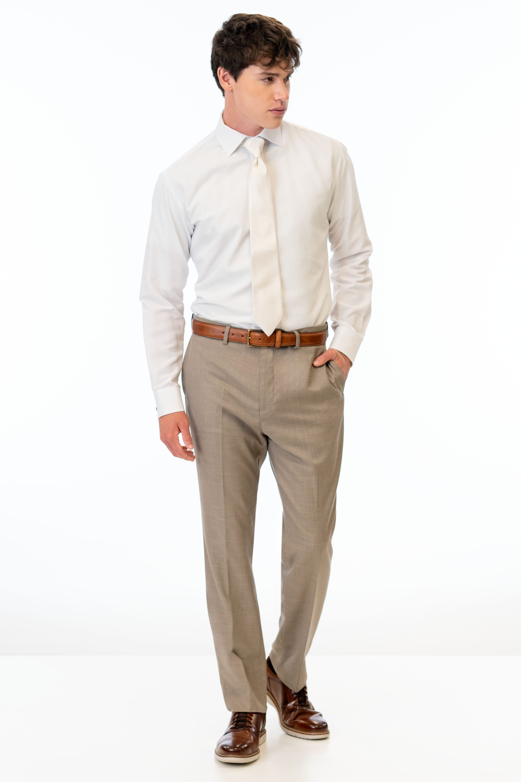 khaki pants white shirt tie