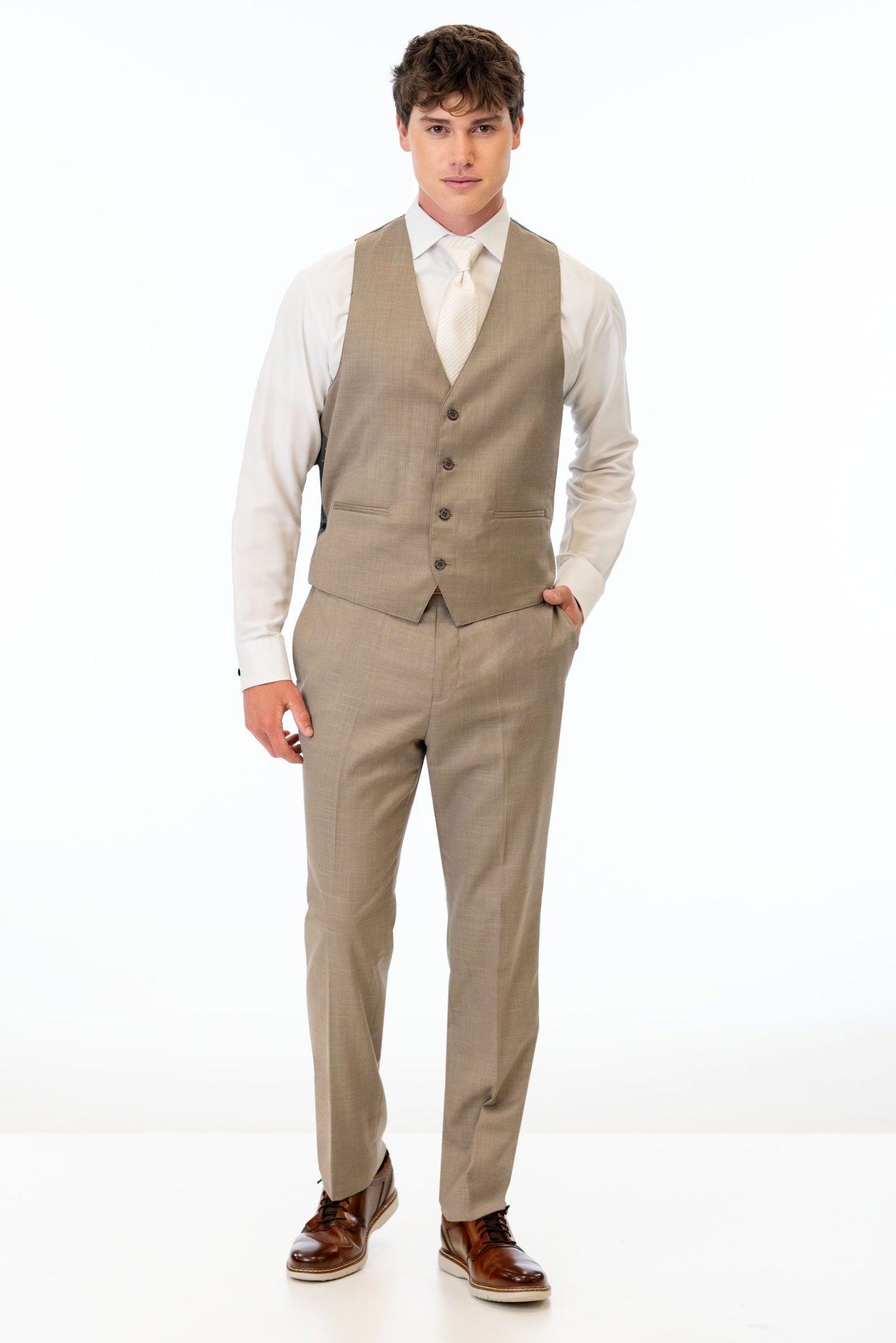 man wearing Wheat Stretch Slim Fit Suit pants and vest