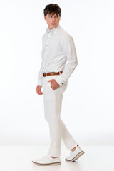 side view of man wearing White Euro Slim Fit Suit pants, white shirt, and bow tie