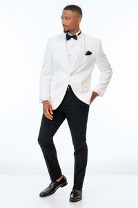 white classic dinner jacket with black pants, white shirt, black bow tie and black loafers