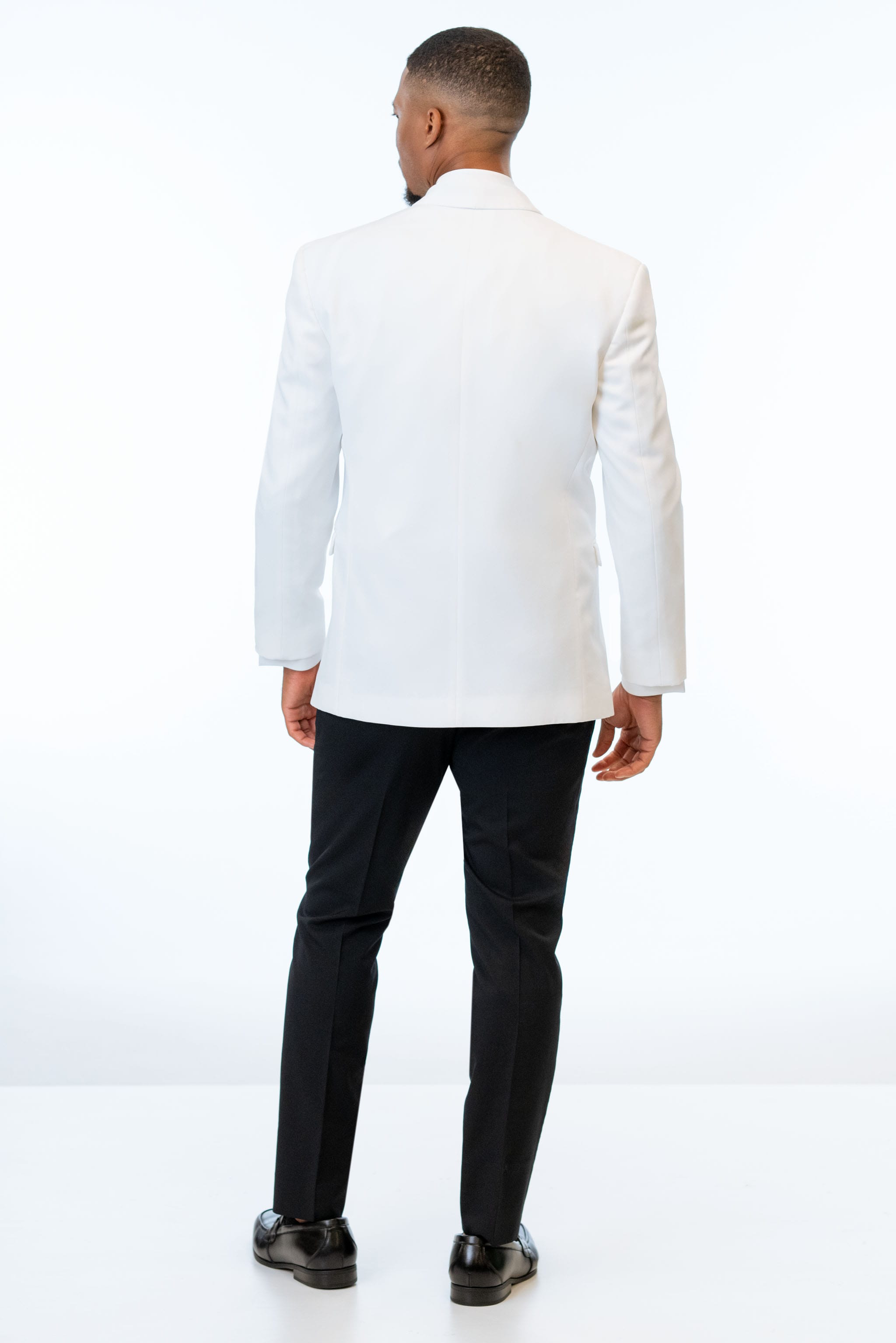 full length image of the back of a man wearing White Classic Dinner Jacket with black pants