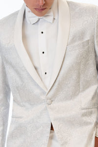 closeup image of the front of the White Paisley Tuxedo Coat