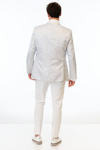 back view of man wearing White Paisley Slim Fit Tuxedo coat and Euro Slim Fit Pants in white
