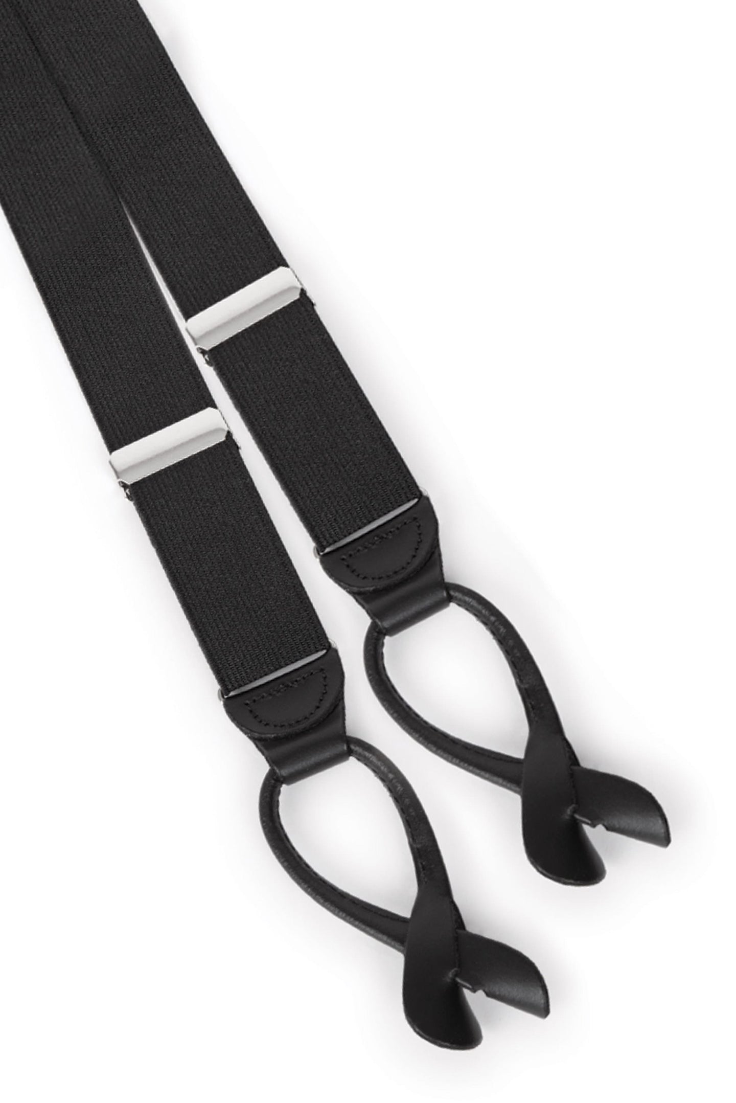black button-on suspenders with silver metal adjusters and leather button ends on a white background
