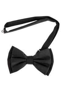 black faille pre tied bow tie with adjustable neck strap on white background