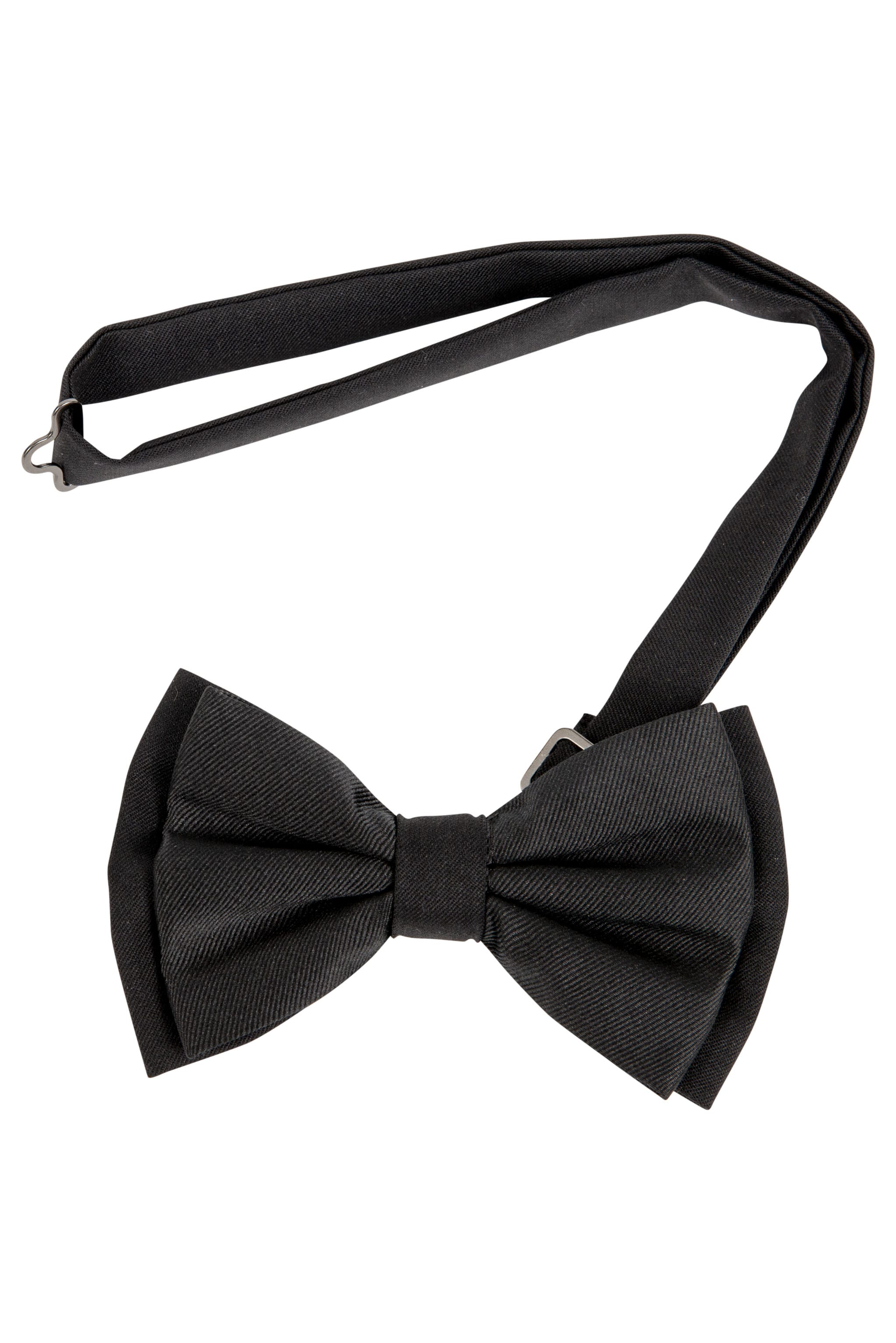 black faille pre tied bow tie with adjustable neck strap on white background
