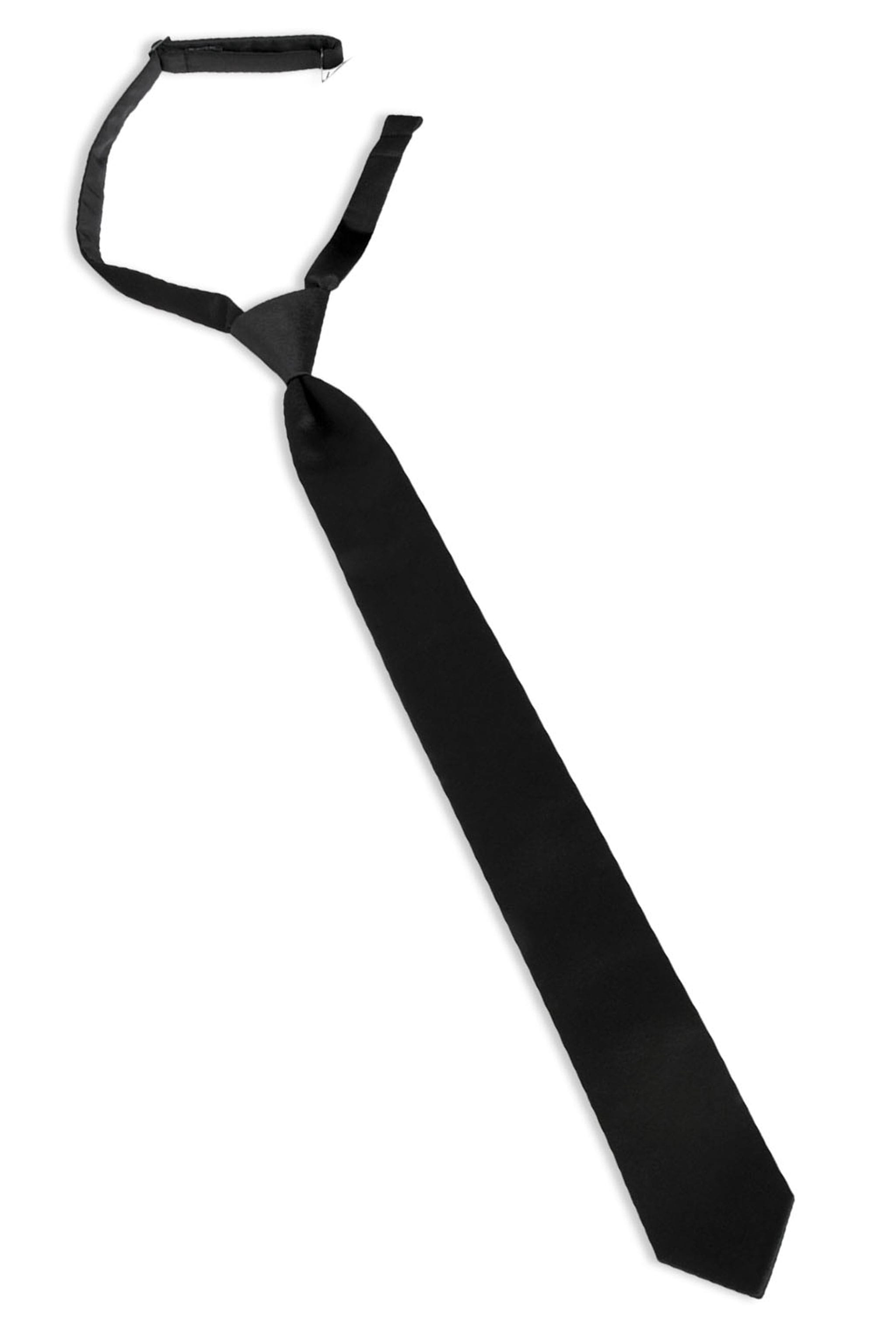 Black skinny pre-tied windsor tie on a white background