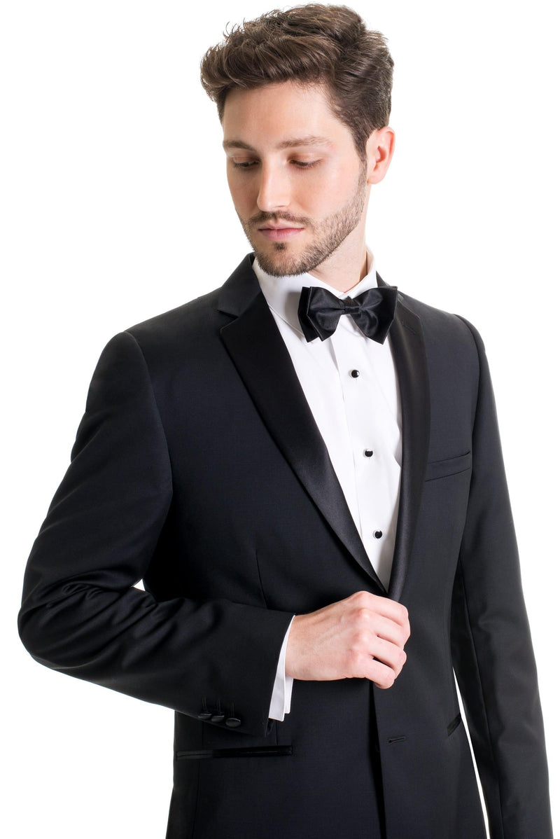 Black Slim Fit Tuxedo Coat - Super 120's