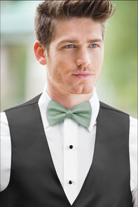 man wearing white shirt, solid agave bow tie, and black vest