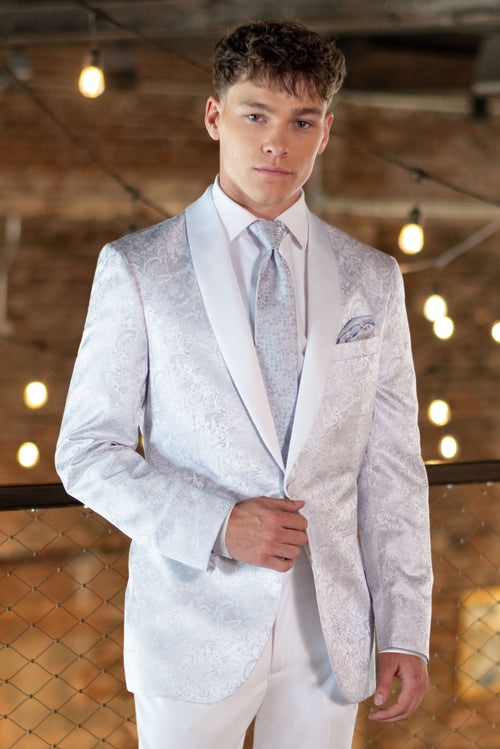 White/Silver Paisley Slim Fit Tuxedo Coat