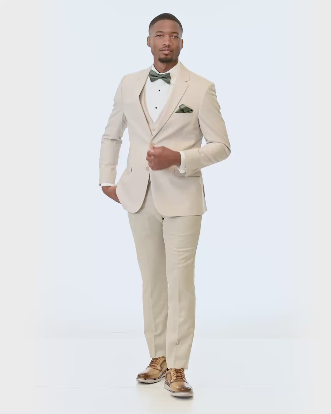 short video showing 360 degree views of Michael Kors Tan Performance Stretch Wedding Suit