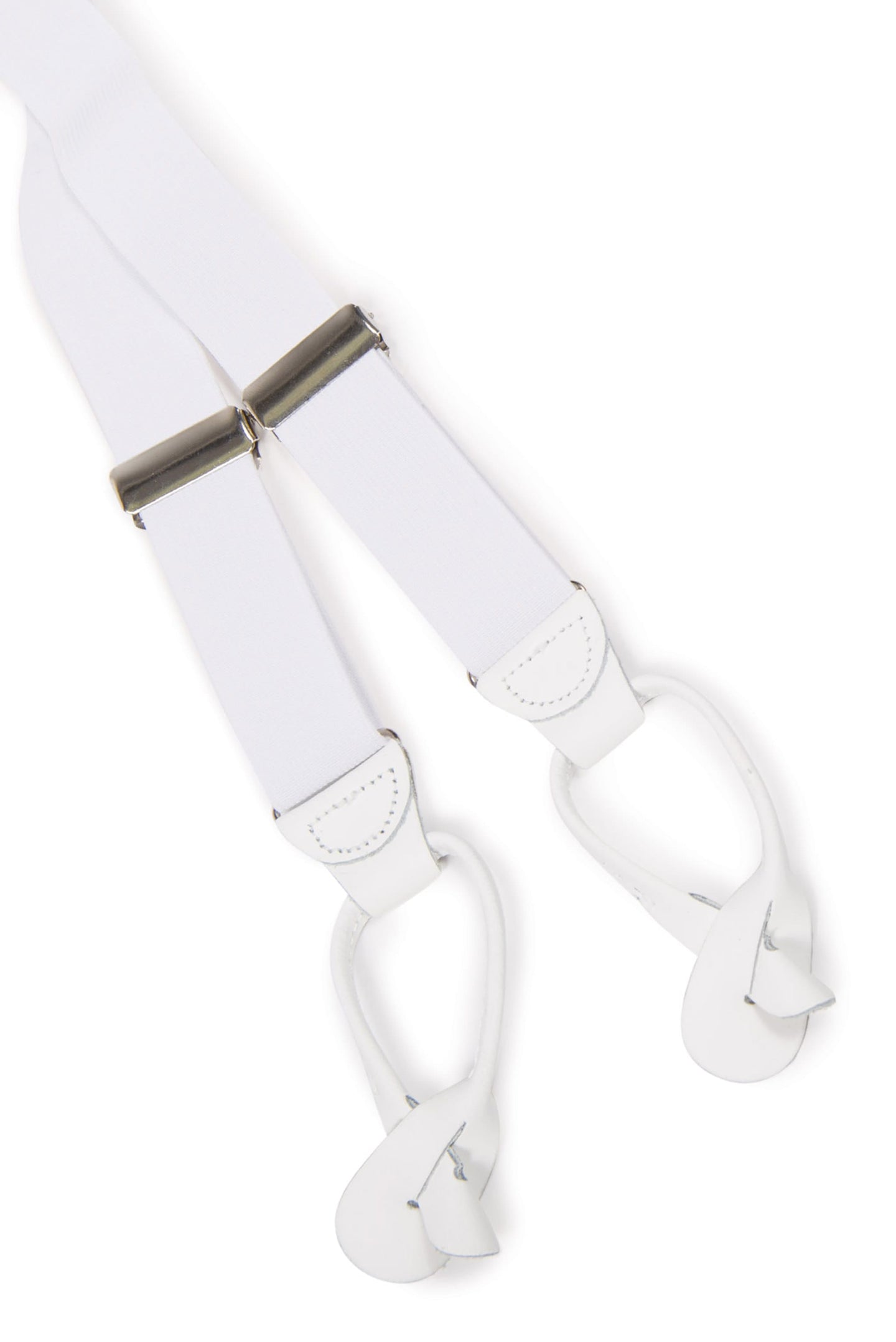 White suspenders with a silver clip on a white background