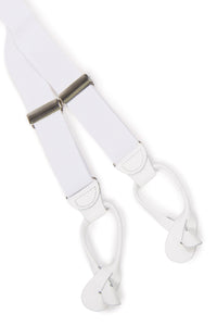 White suspenders with a silver clip on a white background