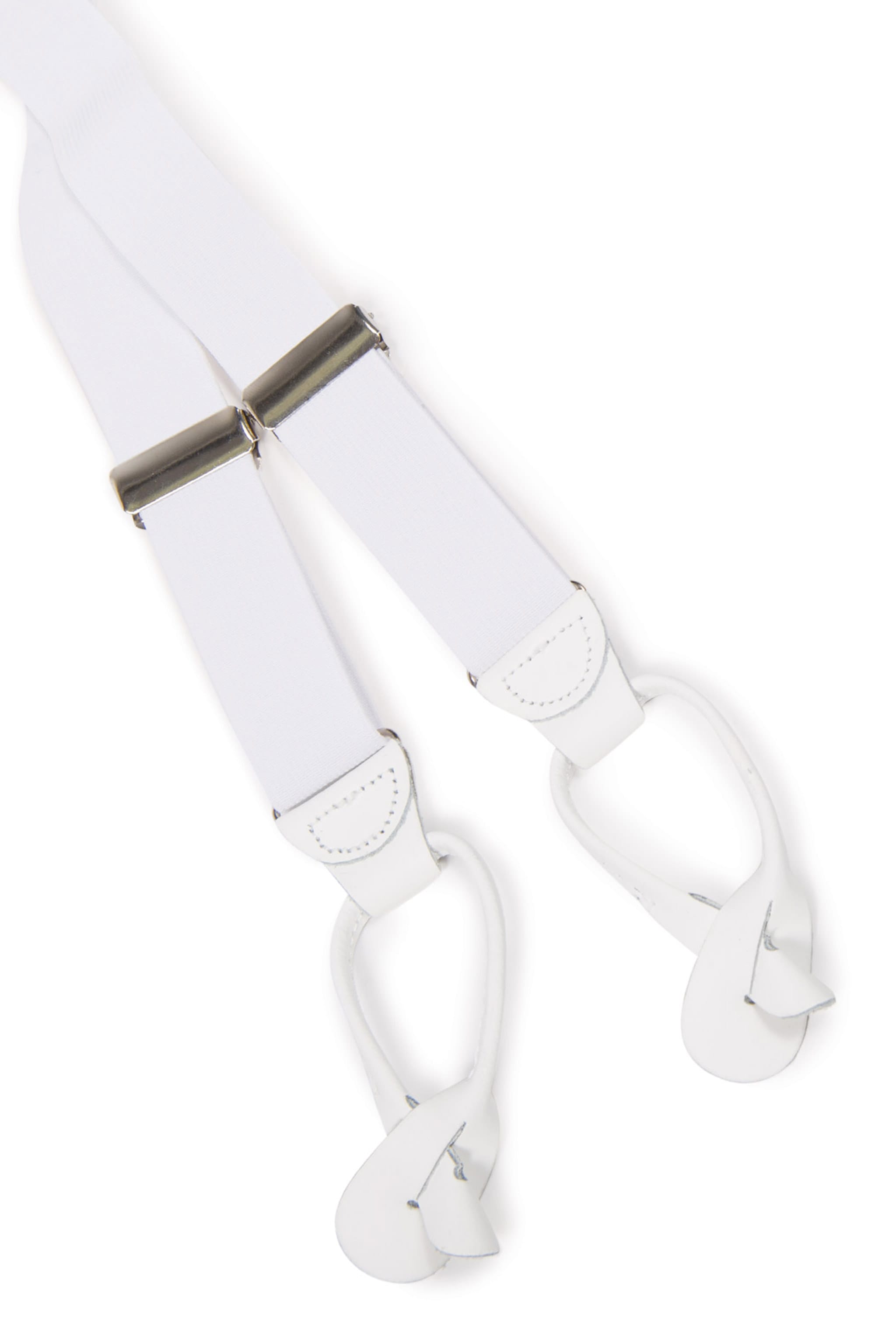 White suspenders with a silver clip on a white background