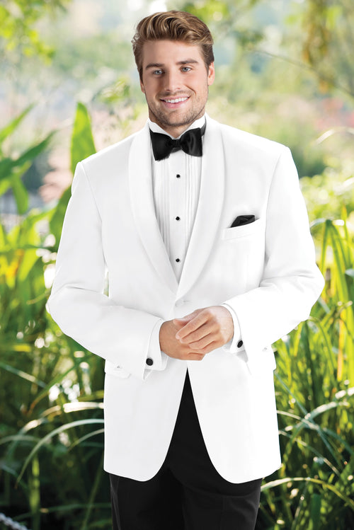 white classic dinner jacket with black pants and black bow tie