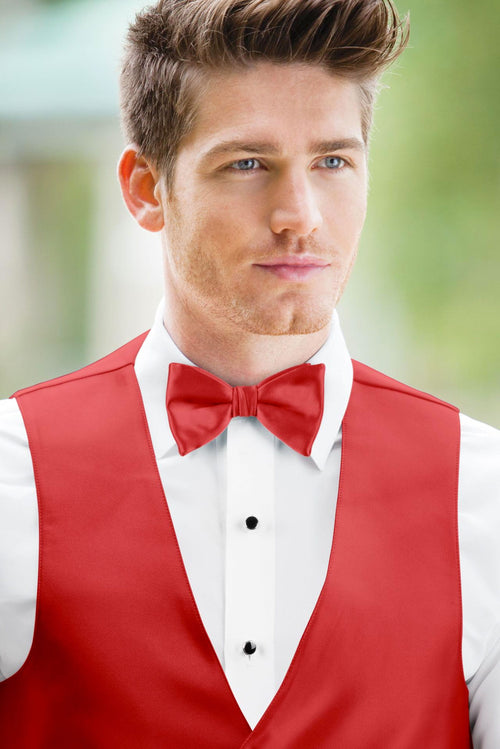 man wearing white shirt, solid Ferrari red bow tie, and matching Expressions vest