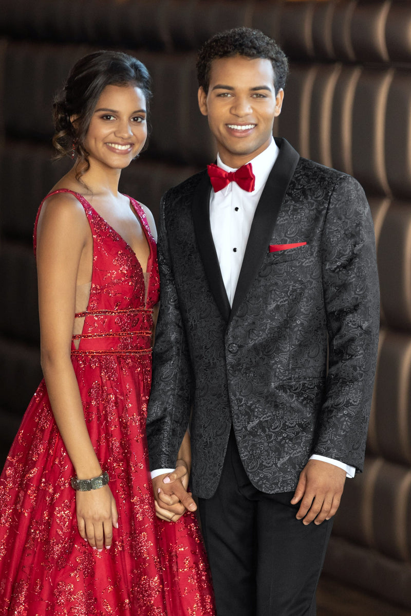 Granite Paisley Slim Fit Tuxedo Coat - Couple with red accessories