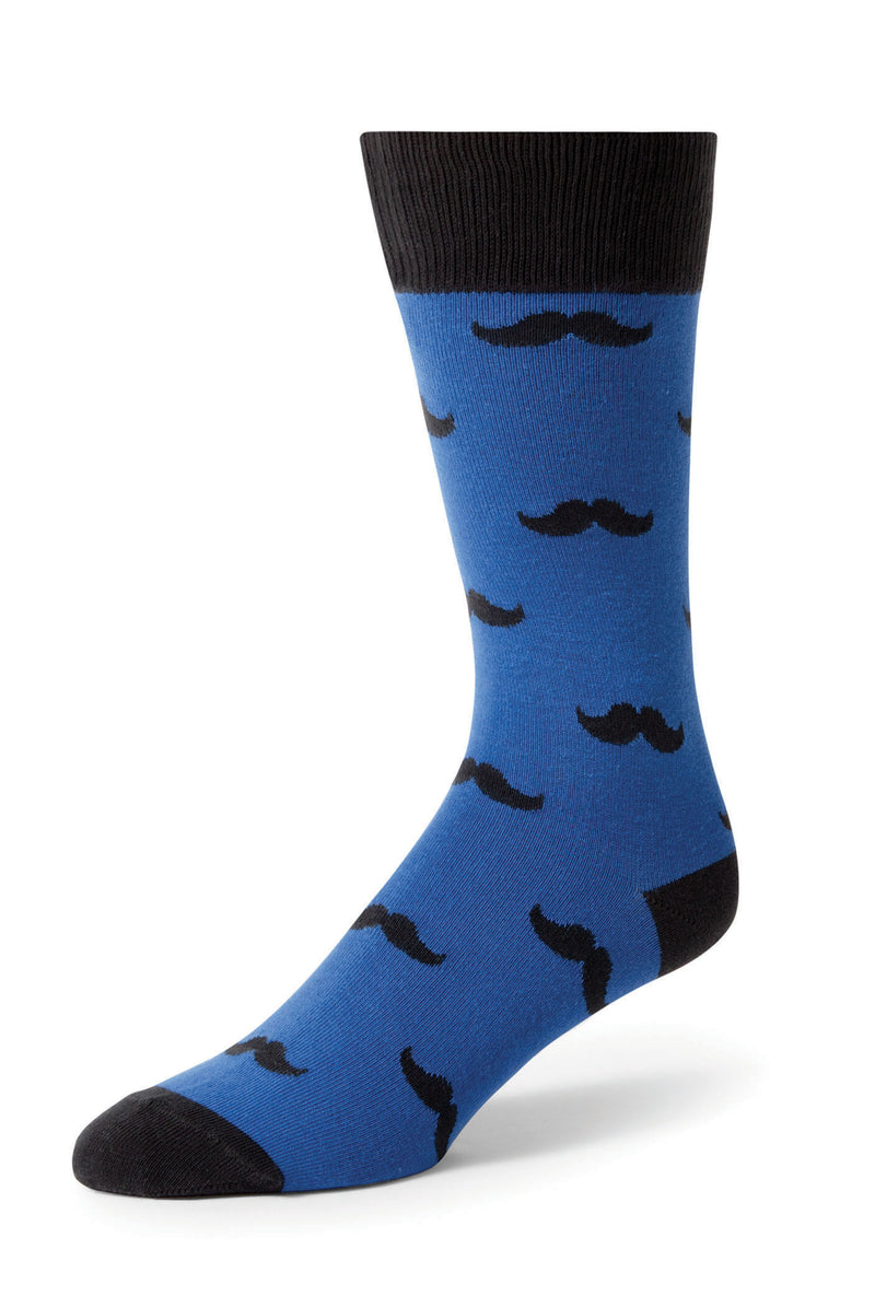 royal blue socks with black mustaches printed on them