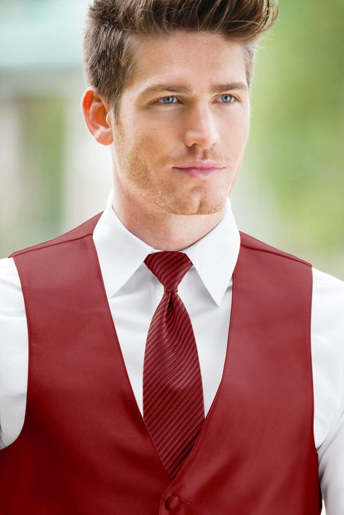 man wearing white shirt, striped apple red windsor tie and solid apple red Expressions vest