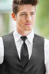 man wearing white shirt, striped charcoal windsor tie and solid charcoal Expressions vest