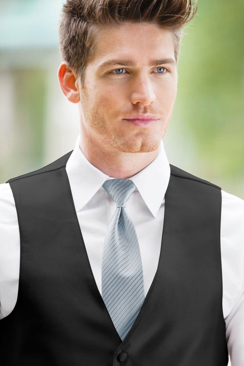 man wearing white shirt, striped dusty blue windsor tie and solid black Expressions vest