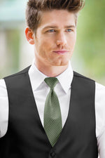 man wearing white shirt, striped evergreen/moss windsor tie and solid black Expressions vest