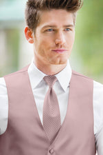man wearing white shirt, striped first blush windsor tie and solid first blush Expressions vest