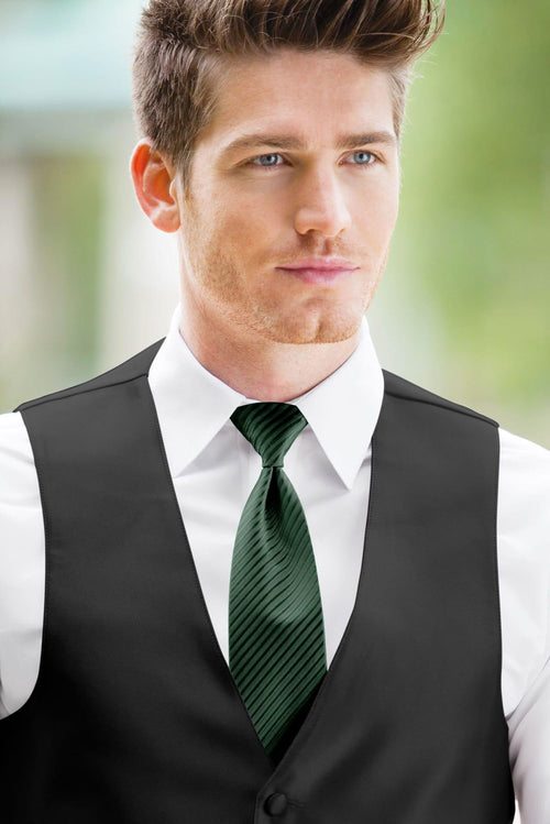 man wearing white shirt, striped forest windsor tie and solid black Expressions vest