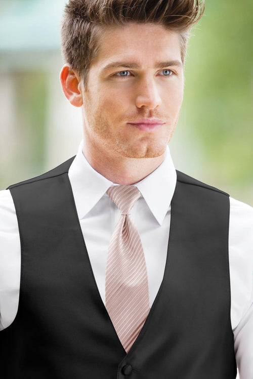 man wearing white shirt, striped pink rose gold windsor tie and solid black Expressions vest