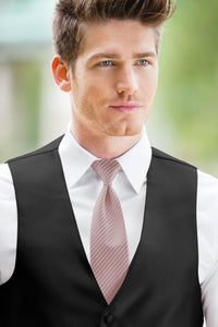 man wearing white shirt, striped quartz windsor tie and solid black Expressions vest